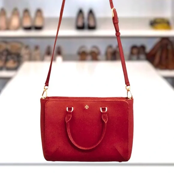 Tory Burch Satchel With Shoulder Strap Burgundy Gold Hardware - Picture 3 of 11